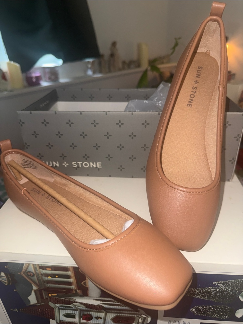 Sun + Stone Women's Cognac Square-Toe Ballet Flats